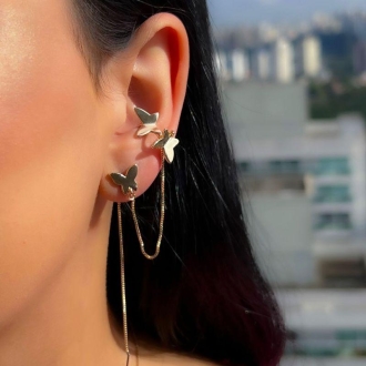 Detalhes do produto Brinco fio com borboletas e piercing, em ouro
