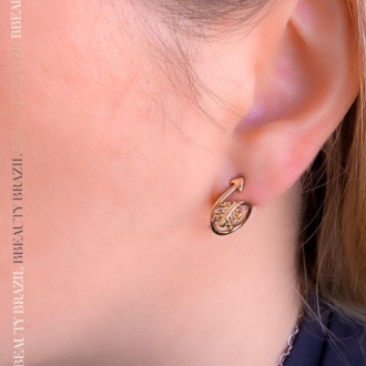 Detalhes do produto Brinco flecha e folha cravejada zirconias colors, em ouro