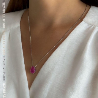 Detalhes do produto Colar Gravata Gota Rosa Fusion em Rodio