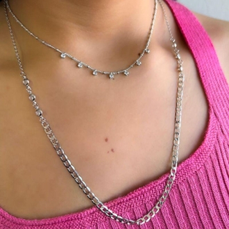 Detalhes do produto Colar meia corrente com seis zirconias, em rodio branco